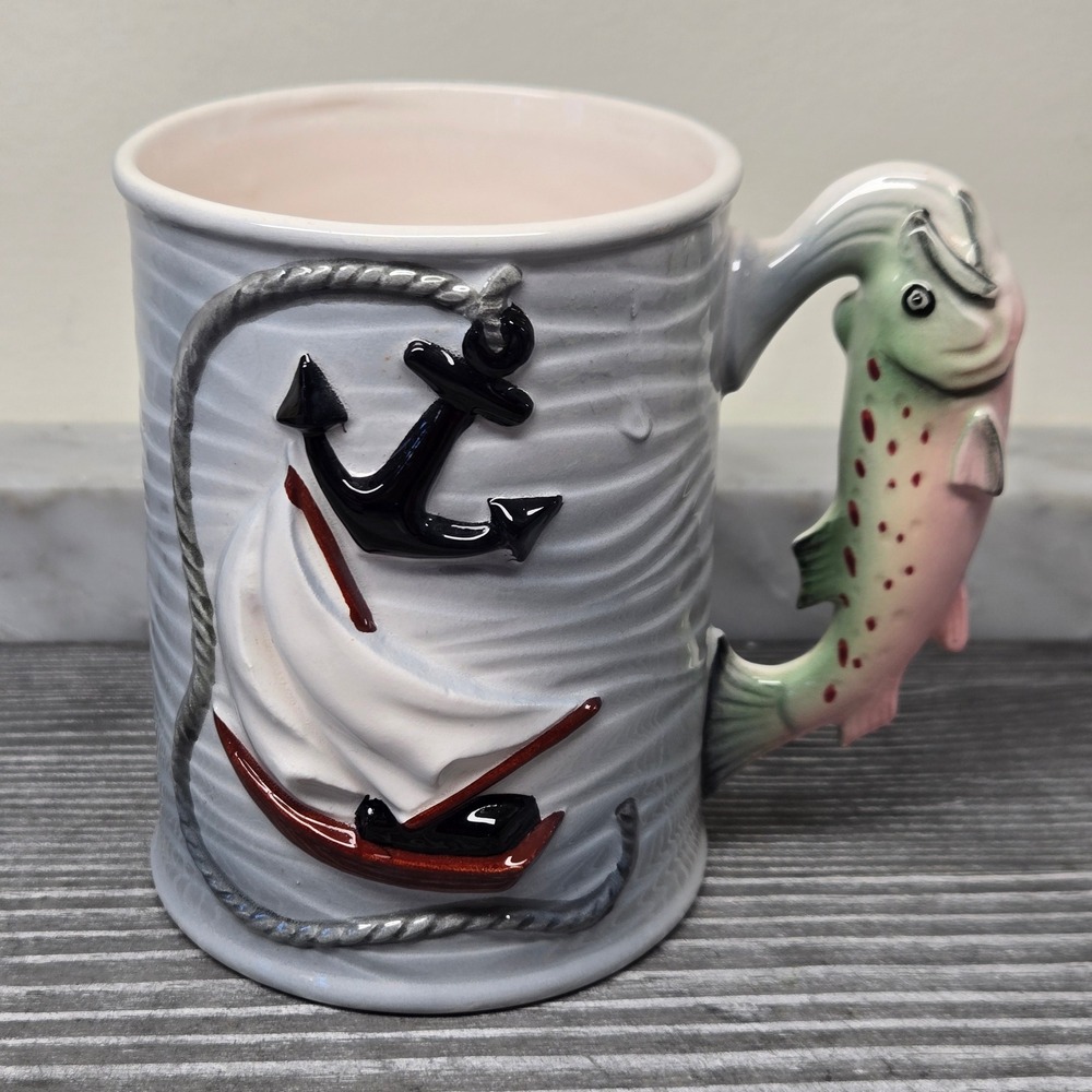 Vintage 70s Nautical‎ Sailboat Anchor Ceramic Mug with Figural Trout Fish Handle
